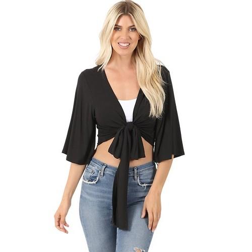 MOT-8504AB Real Modal Tie Front Cropped Cardigan Black