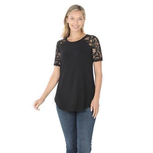 AT-5553S Luxe Rayon Lace Short Sleeve Round Neck Top Black
