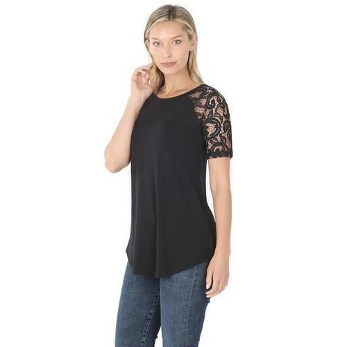 Luxe Lace Sleeve Round Neck Top Black