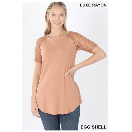 AT-5553S Luxe Rayon Lace Short Sleeve Round Neck Top Egg Shell