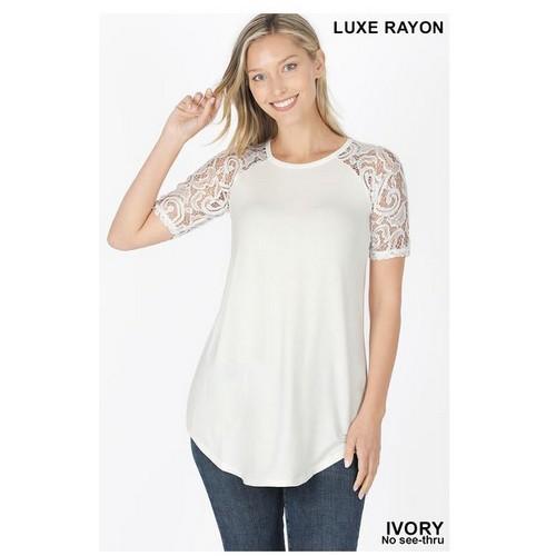 AT-5553S Luxe Rayon Lace Short Sleeve Round Neck Top Ivory