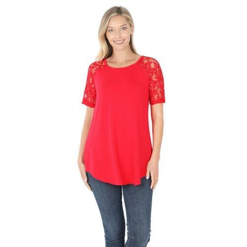 AT-5553S Luxe Rayon Lace Short Sleeve Round Neck Top Ruby