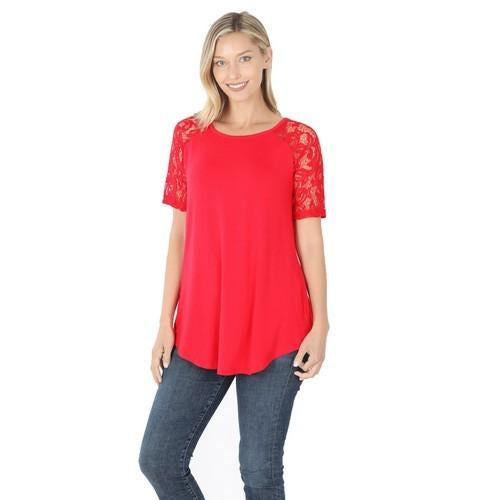 Luxe Lace Sleeve Round Neck Top Ruby