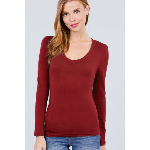 T9665 V-Neck Long Sleeve Top Burgundy