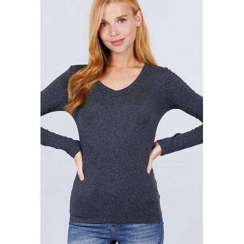 T9665 V-Neck Long Sleeve Top Charcoal Grey