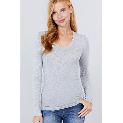 T9665 V-Neck Long Sleeve Top Heather Grey