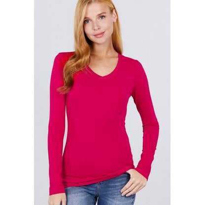 T9665 V-Neck Long Sleeve Top Hot Pink