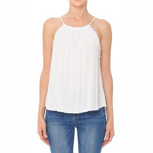 72204 Pompom Lace High Halter Neck Cami Top Off White