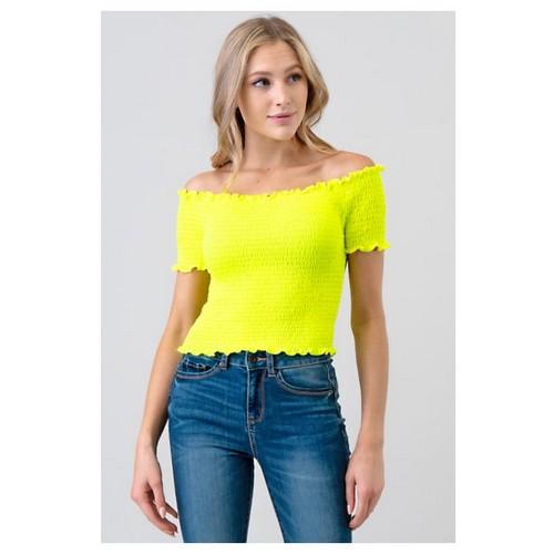 AY19270 Smocking Off Shoulder Crop Top Neon Lime