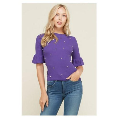 RT30190QA Pearl Detail 2x2 Rib Ruffle Sleeve Top Super Violet