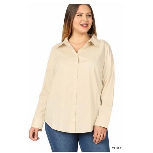 GT-046 Plus Size Cotton Long Sleeve Missy Fit Classic Shirt Taupe