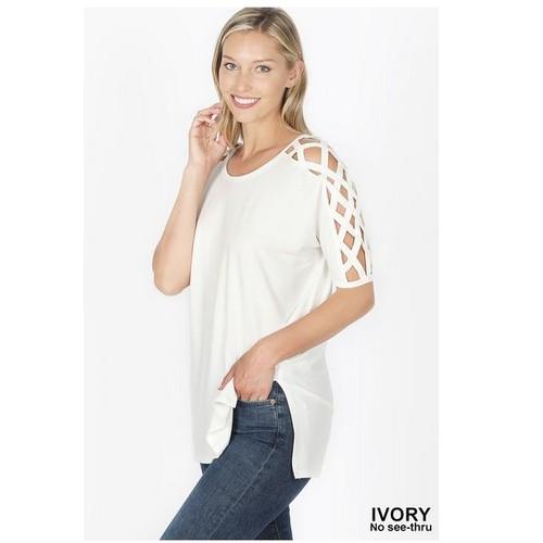 RT-1781P Cries-Cross Shoulder Side Split  Hi-Low Hem Top Ivory