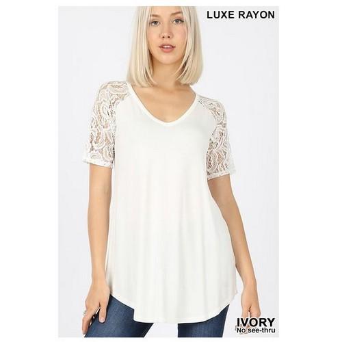 AT-5554S Luxe Rayon Lace Short Sleeve V Neck Round Hem Top Ivory
