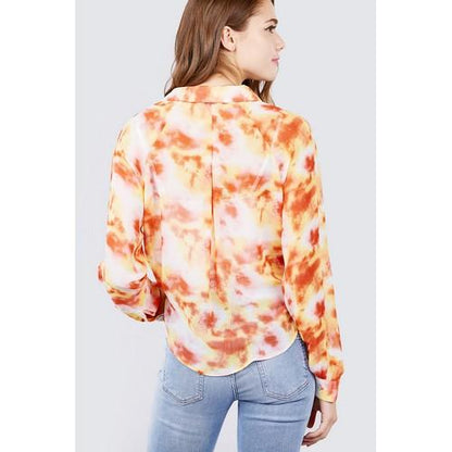 Tie Dye Chiffon Tie Front Shirt Orange