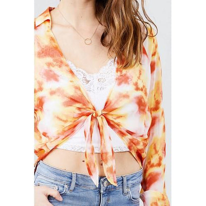 Tie Dye Chiffon Tie Front Shirt Orange