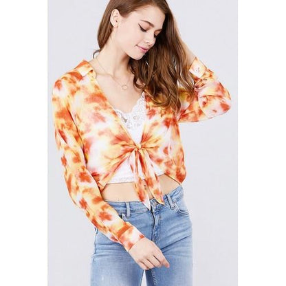 J11081 Tie Dye Chiffon Open Front Cardigan Orange