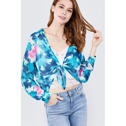 J11081 Tie Dye Chiffon Open Front Cardigan Teal