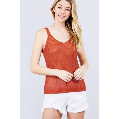 T11166 Sleevless Double V-Neck Sweater Top Spicy Rust 