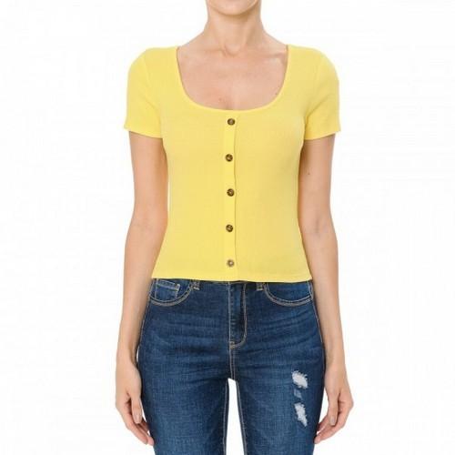71759 Ribbed Scoop Neck Short Sleeve Top Vibrant Yellow