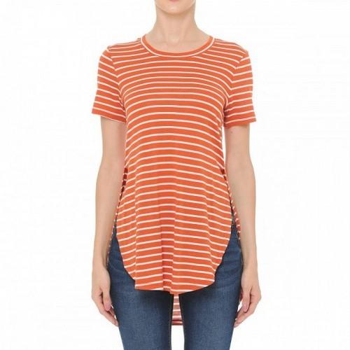 71850 Striped Round Neck Short Sleeve Oversized Top Bright Rust/White