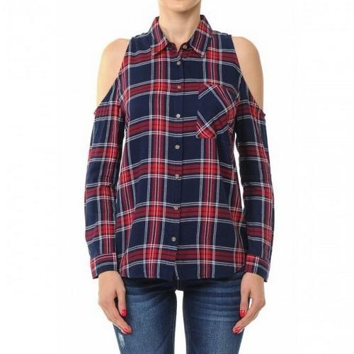 69672-1 Plaid Cold Shoulder Long Sleeve Button-Up Single-Pocketed Flannel Shirt Navy/Red