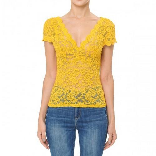 71838 Scalloped Lace V-Neck Short Sleeve Top New Mustard