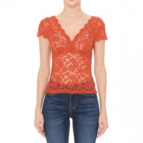 71838 Scalloped Lace V-Neck Short Sleeve Top Bright Rust
