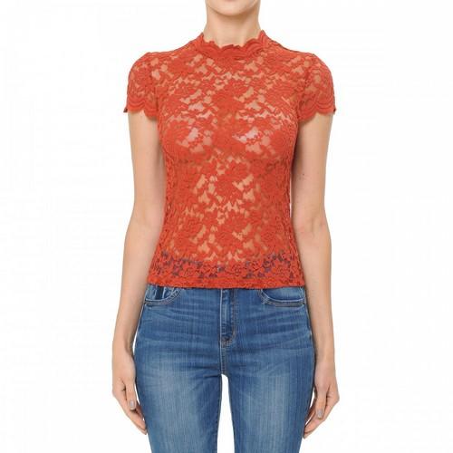 71839 Scalloped Lace Mock Neck Short Sleeve Top Bright Rust