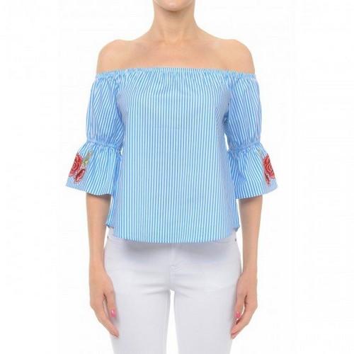 68990 Striped Poplin Off The Shoulder 3/4 Sleeve Top With Floral Patch Light Blue/White
