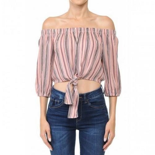 65944 Multi-Striped Tie-Front Hem Off-The-Shoulder Flared 3/4 Sleeve Top Mauve