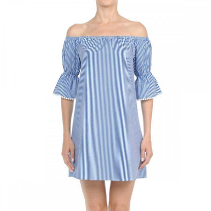 70439 Striped Poplin Off The Shoulder 3/4 Sleeve Stretch Woven Mini Shift Dress  Dark Blue/White