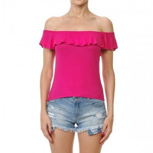 69510 Flounced Off The Shoulder Ribbed Top Rose Fuchsia