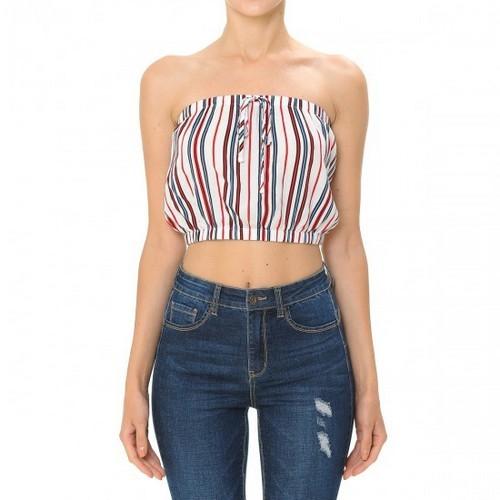 71019-1 Multi Striped Tie Front Neck Tuse Crop Top Off White