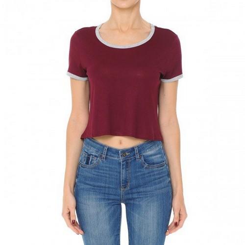 69092 Short Sleeve Round Neck Crop Top Burgundy/H.Grey