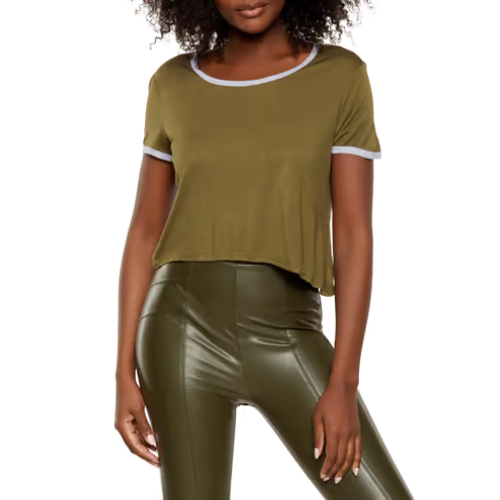 Short Sleeve Round Neck Crop Top Olive/H.Grey