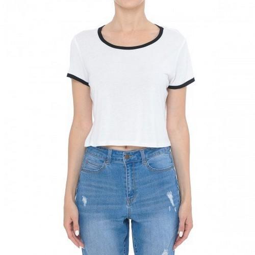 69092 Short Sleeve Round Neck Crop Top White/Black