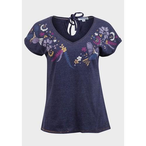 Birds & Flowers Print Jersey Top Washed Navy