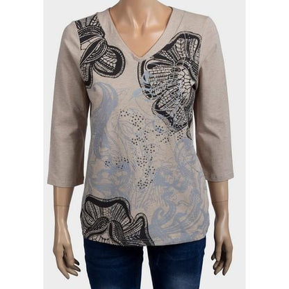 V-Neck 3/4 Sleeve Printed Studded Jersey Top Beige