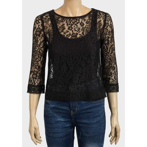 3/4 Sleeve Sheer Lace Crop Boxy Top Black