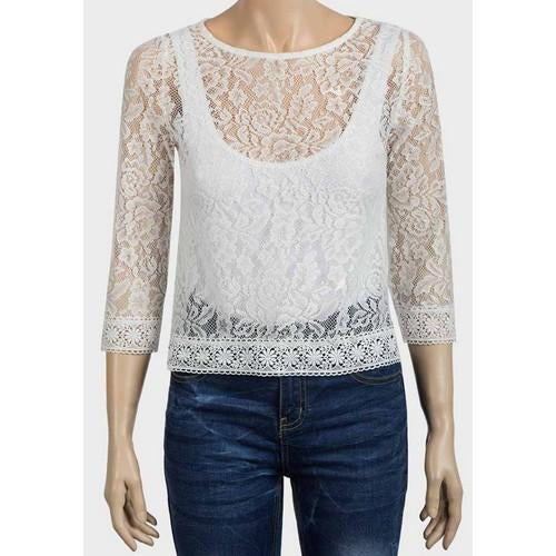 3/4 Sleeve Sheer Lace Crop Boxy Top White