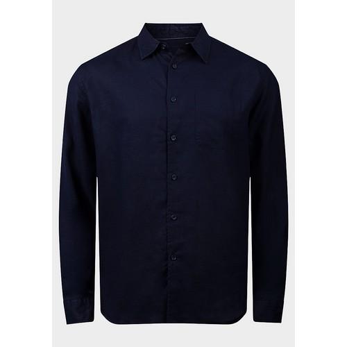 Chest Pocket Long Sleeve Linen Shirt Navy
