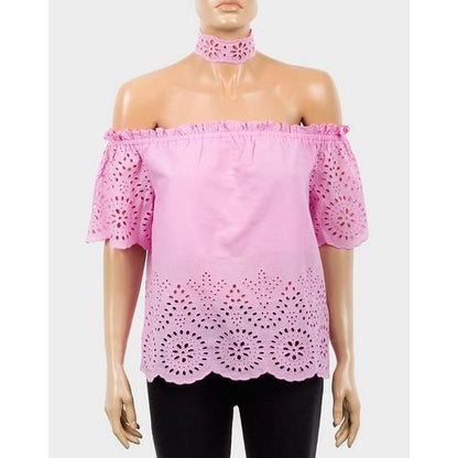 Bik Bok Openwork Off Shoulder Choker Top Pink