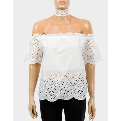 Bik Bok Openwork Off Shoulder Choker Top White