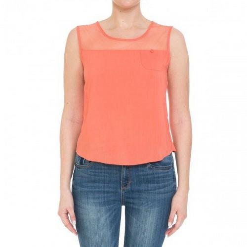 63117 Mesh Sleeveless Back Button Woven Top New Coral