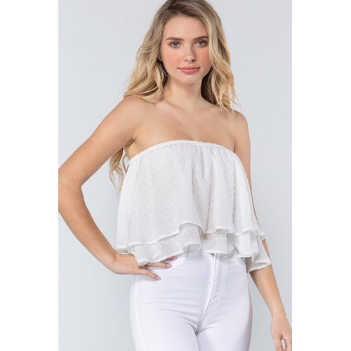 T11720 Swiss Dot Flare Tube Top Off White