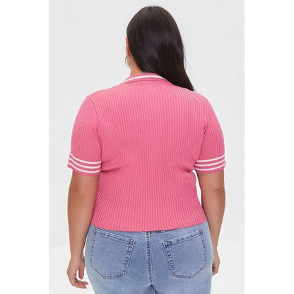 Plus Size Sweater-Knit Polo Shirt Pink & Cream