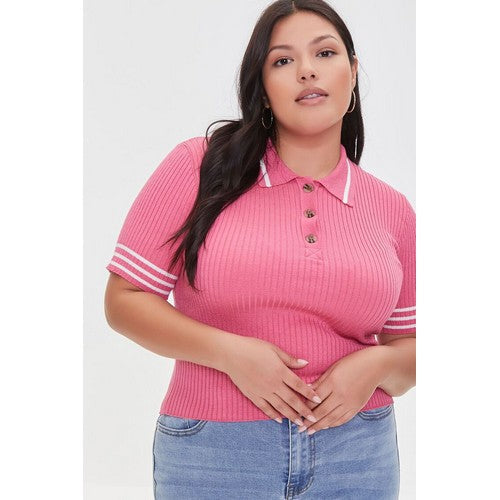 Plus Size Sweater-Knit Polo Shirt Pink & Cream