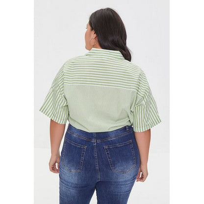 Plus Size Striped Tie-Hem Shirt Ivory & Green