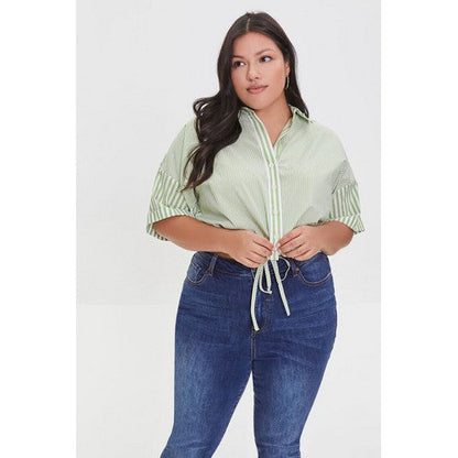 Plus Size Striped Tie-Hem Shirt Ivory & Green