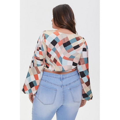 Plus Size Geo Print Crop Top Brown Multi